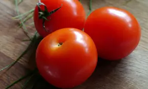 Trzy soczyste pomidory krakus leżą na drewnianej desce, otoczone zielonymi szczypiorkami.