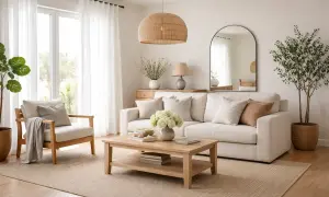 Ett ljust och luftigt vardagsrum, hemma hos inredningsarkitekten. En bekväm soffa, fåtölj och ett soffbord i trä skapar en inbjudande atmosfär.