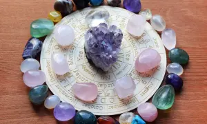 Okrąg kamieni, w tym ametyst, różowy kwarc i fluoryt, ułożony na kole zodiaku. Jaki kamień dla bliźniąt? Ametyst i cytryn mogą wspierać.