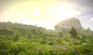 Zielona, tarasowa dolina z kwitnącymi kwiatami, gdzie słońce wschodzi nad górą. Jakby z **vintage story steam**.
