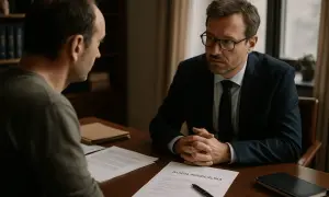 Mężczyzna w garniturze rozmawia z innym mężczyzną o zawieszeniu praw rodzicielskich. Na stole dokument z napisem "WŁADZA RODZICIELSKA".