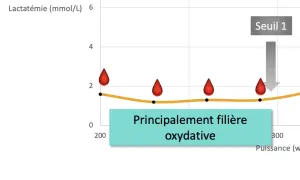 Courbe de lactatémie en fonction de la puissance. Le texte indique "Principalement filière oxydative", suggérant une faible production d'acide lactique.
