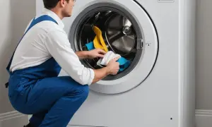 Serwisant sprawdza pralkę Samsung z błędem SUD, wyjmując z niej kolorowe ubrania.