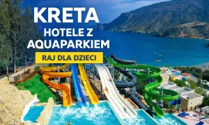 Kolorowe zjeżdżalnie wodne w aquaparku na Krecie, z widokiem na morze.