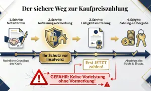 Der sichere Weg zur Kaufpreiszahlung: Notartermin, Auflassungsvormerkung, Fälligkeitsmitteilung, Zahlung & Übergabe. Ihr Schutz vor Insolvenz bei Immobilienkaufvertragsentwurf.