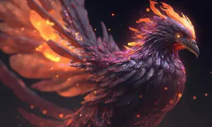 Le phénix, oiseau de feu aux plumes sombres et incandescentes, s'élève dans la nuit, entouré de braises lumineuses.