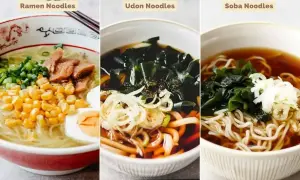 Trzy miski z japońskimi zupami: ramen, udon i soba, z różnymi dodatkami.