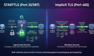 STARTTLS (Port 25/587) vs Implicit TLS (Port 465) – porównanie bezpieczeństwa poczty e-mail.