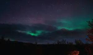 Nocne niebo nad Islandią rozświetla zielona zorza polarna, tańcząca wśród gwiazd nad ciemnym krajobrazem.