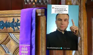 Ksiądz odpowiada na pytanie: czy spowiedź przez telefon lub internet jest możliwa i ważna? Fioletowa stuła na drewnianym elemencie kościelnym.
