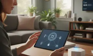 Une femme utilise une tablette pour contrôler sa maison connectée. L'écran affiche le logo "Matter", symbole de la domotique open source, avec des icônes de thermostat, ampoule, serrure et carte.