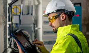Technik w kamizelce odblaskowej i kasku wykonuje roczny przegląd budynku, analizując dane na tablecie przy skrzynce z okablowaniem.