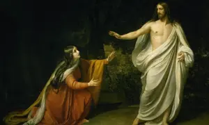 Maria Magdalena klęczy przed zmartwychwstałym Jezusem. Czy Jezus miał żonę? Obraz sugeruje bliską relację, ale niekoniecznie małżeńską.