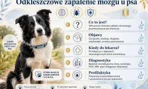 Pies rasy border collie z niebieską obrożą, obok tekst o chorobie odkleszczowej u psa, objawach i profilaktyce.