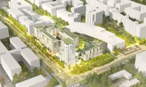 Wizualizacja osiedla mieszkaniowego. Nowoczesne budynki z zielonymi dachami, otoczone drzewami i terenami zielonymi. Projekt dewelopera Lex.