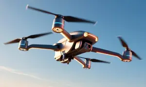 Un drone moderno in volo, con luci LED accese, pronto per riprese aeree mozzafiato.