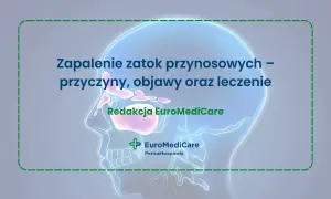 Ilustracja przedstawia schemat zatok przynosowych wewnątrz czaszki, z tekstem o zapaleniu zatok.
