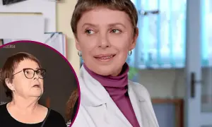 Gwiazda reality show w białym kitlu i fioletowym golfie. W tle widać fragment innej kobiety w okularach, co może być powodem nagłej hospitalizacji gwiazdy popularnego reality show.