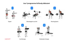 Programme de musculation au poids du corps pour débutants : squats, développé couché, rowing barre, curl biceps, extension triceps.
