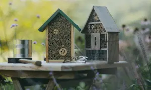 Zwei selbstgebaute Insektenhotels stehen auf einem Tisch im Garten. Ein Insektenhotel bauen ist eine tolle Idee für jeden Naturliebhaber.
