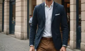 Elegancki mężczyzna w granatowej marynarce, białej koszuli i brązowych spodniach. Idealna stylizacja, która odpowiada na pytanie: jaka koszula do brązowych spodni.