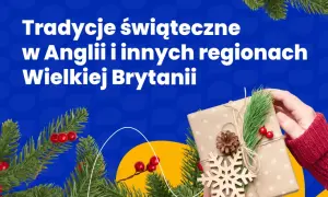 Tradycje świąteczne w Anglii i innych regionach Wielkiej Brytanii. Prezent ozdobiony gałązką świerku i płatkiem śniegu.