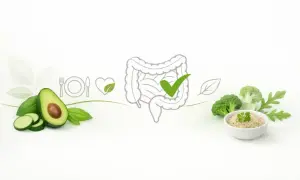 Zdrowa dieta z awokado i brokułami wspiera jak odbudować jelita. Symbol jelit z zielonym zaznaczeniem.