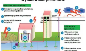 Schemat ilustruje skutki uderzenia pioruna: bezpośrednie uderzenie w budynek, spadki napięcia, indukowane napięcia i przepięcia wywołane przez wyładowania między chmurami.
