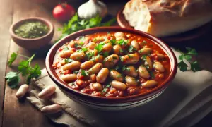 Un plat de loubia recette, des haricots blancs mijotés dans une sauce tomate savoureuse, garni de persil frais. Du pain et des épices en arrière-plan.