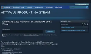 Strona aktywacji produktu na Steam z polem na klucz i przyciskiem "Kontynuuj".