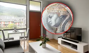 Nowoczesne mieszkanie z widokiem na góry. W rogu banknot z Zygmuntem, symbolizujący podatek od wynajmu.