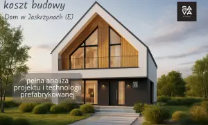 Nowoczesny dom w Jaskrzynach z dużymi oknami i drewnianymi elementami. Analiza kosztów budowy i technologii prefabrykowanej.