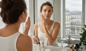 Une femme applique de la crème solaire sur son visage devant un miroir. C'est un bon rappel de quand mettre de la crème solaire pour protéger sa peau.