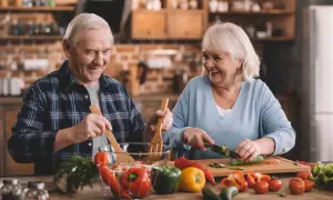 Uśmiechnięci seniorzy przygotowują zdrową sałatkę. To przykład, jak dbać o dietę seniora, ciesząc się wspólnym gotowaniem.