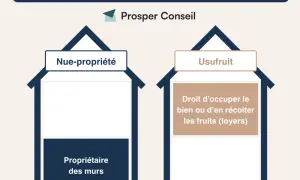 Schéma illustrant le démembrement de pleine propriété d'un bien immobilier, concept lié à l'article 1133 CGI. Il distingue la nue-propriété de l'usufruit.
