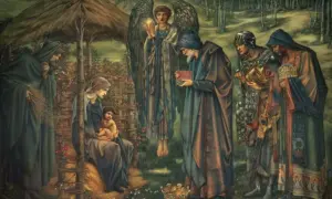 Narodziny Jezusa. Trzej królowie składają dary, anioł błogosławi, a Maryja tuli Dzieciątko.