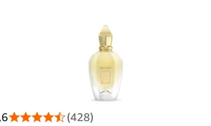 Elegancka butelka perfum Naxos Xerjoff, z płynem w kolorze złota i złotym korkiem.