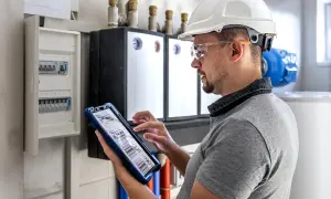 Technik w kasku i okularach ochronnych wykonuje przegląd instalacji gazowej, korzystając z tabletu.