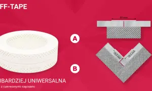 Rolka taśmy TUFF-TAPE i przykłady jej zastosowania na rogach i płaszczyznach.