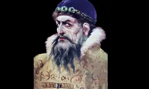 Målning av en man med skägg och mustasch, klädd i en blå mössa med stenar och en guldfärgad rock med päls. Han ser ut att vara på väg hem i Groznyj.