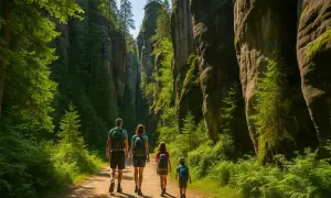 Rodzina wędruje ścieżką wśród skalnych wąwozów w Adrspach w Czechach. Piękna pogoda sprzyja zwiedzaniu.