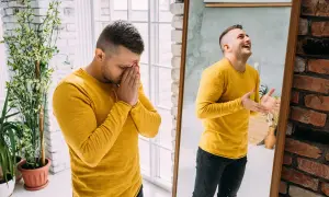 Mężczyzna w żółtej bluzie doświadcza skrajnych emocji, od rozpaczy po euforię, odzwierciedlając cykl psychozy maniakalno-depresyjnej.