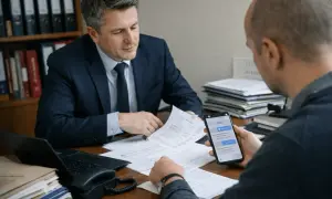 Prawnik omawia z klientem, ile grozi za groźby karalne, analizując wiadomości na telefonie.