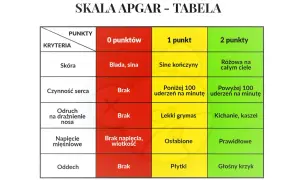 Tabela oceny noworodka według skali Apgar. Pokazuje kryteria: skóra, czynność serca, odruch, napięcie mięśniowe, oddech, oraz punkty od 0 do 2 dla każdego.