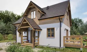 Drewniany dom całoroczny z werandą i tarasem. Jaka grubość bala na dom całoroczny? Ten projekt sugeruje solidne, grube bale.