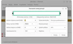 GParted: tworzenie nowej partycji na pendrive. Ustawianie rozmiaru, systemu plików ntfs i nazwy.