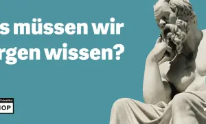 Denkender Sokrates fragt: "Was müssen wir morgen wissen?". Ein Symbol für den Megatrend Wissenskultur.