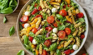 Salade de pâtes colorée avec des tomates cerises, des courgettes grillées, des poivrons, de la roquette et des billes de mozzarella.