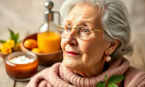 Une femme âgée aux cheveux gris, portant des lunettes, semble réfléchir à un remède de grand-mère contre les rides, avec des ingrédients naturels à proximité.