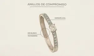 Anillo de compromiso como debe ser: oro blanco 750 milésimas con diamante azul central y diamantes laterales.